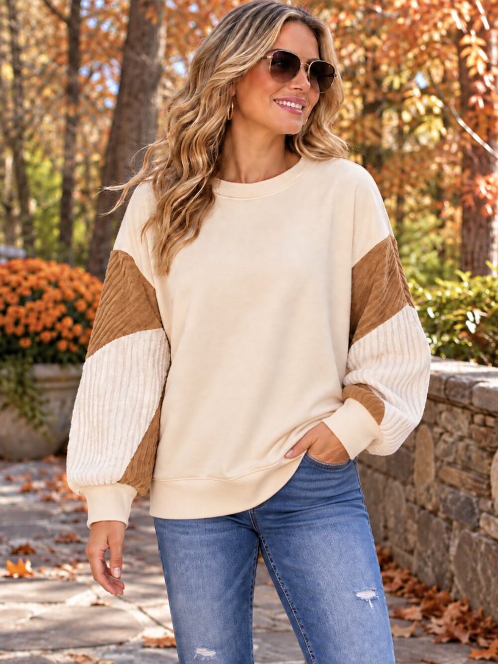 BOUTIQUE Sweatshirt Tunic Color Blocked Ribbed Sleeve Cream/Tan  XL